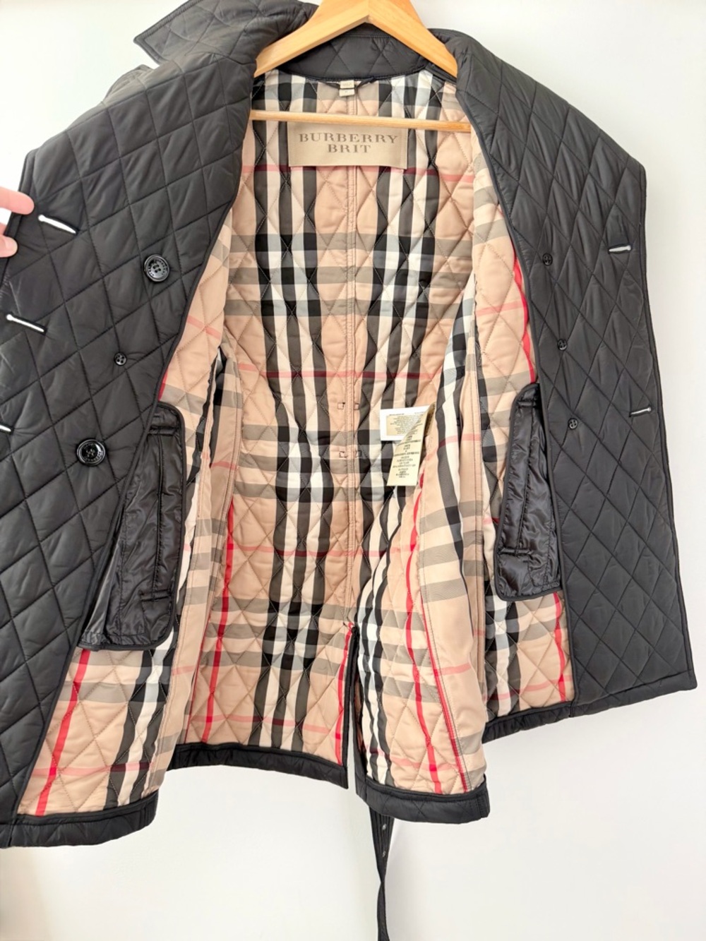 BURBERRY | Black‎ Quilted Double Breasted Trench Coat Belted Jacket Check Small - Picture 9 of 12